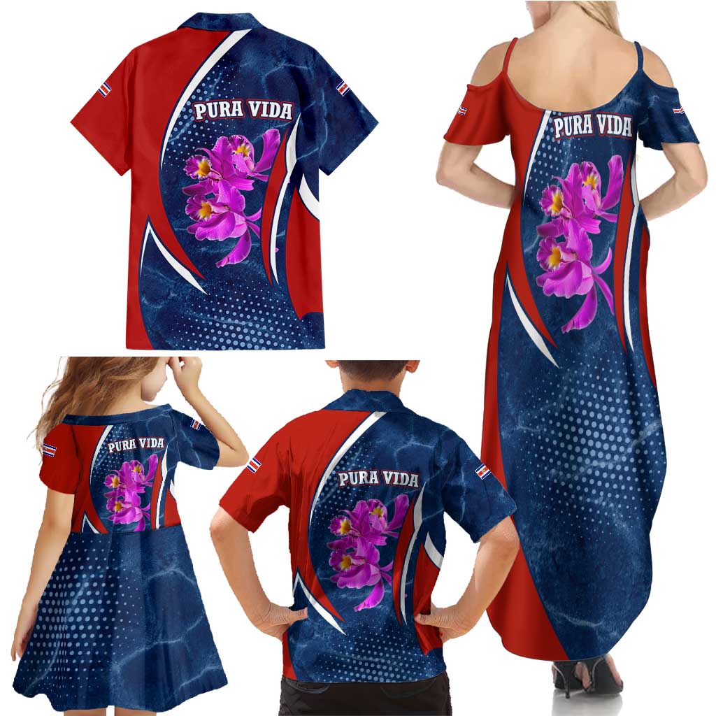 Costa Rica Orchid Family Matching Summer Maxi Dress and Hawaiian Shirt Red and Blue with National Emblem and Purple Flower Design - Wonder Print Shop