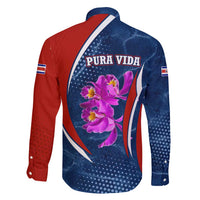 Costa Rica Orchid Family Matching Summer Maxi Dress and Hawaiian Shirt Red and Blue with National Emblem and Purple Flower Design - Wonder Print Shop