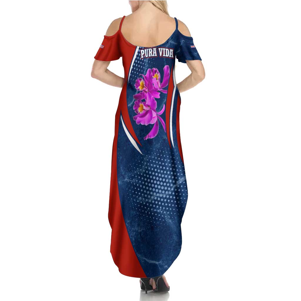 Costa Rica Orchid Family Matching Summer Maxi Dress and Hawaiian Shirt Red and Blue with National Emblem and Purple Flower Design - Wonder Print Shop