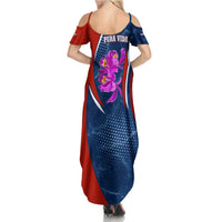 Costa Rica Orchid Family Matching Summer Maxi Dress and Hawaiian Shirt Red and Blue with National Emblem and Purple Flower Design - Wonder Print Shop
