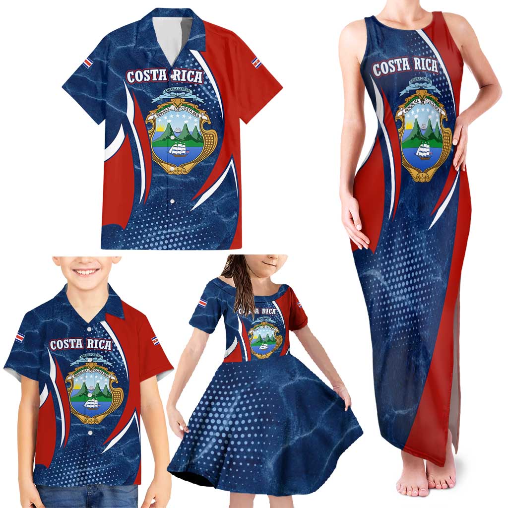 Costa Rica Orchid Family Matching Tank Maxi Dress and Hawaiian Shirt Red and Blue with National Emblem and Purple Flower Design - Wonder Print Shop