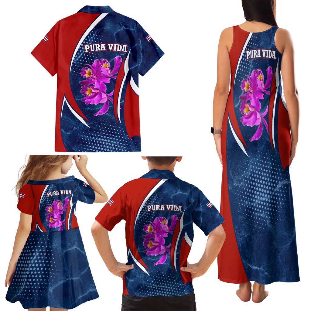 Costa Rica Orchid Family Matching Tank Maxi Dress and Hawaiian Shirt Red and Blue with National Emblem and Purple Flower Design - Wonder Print Shop