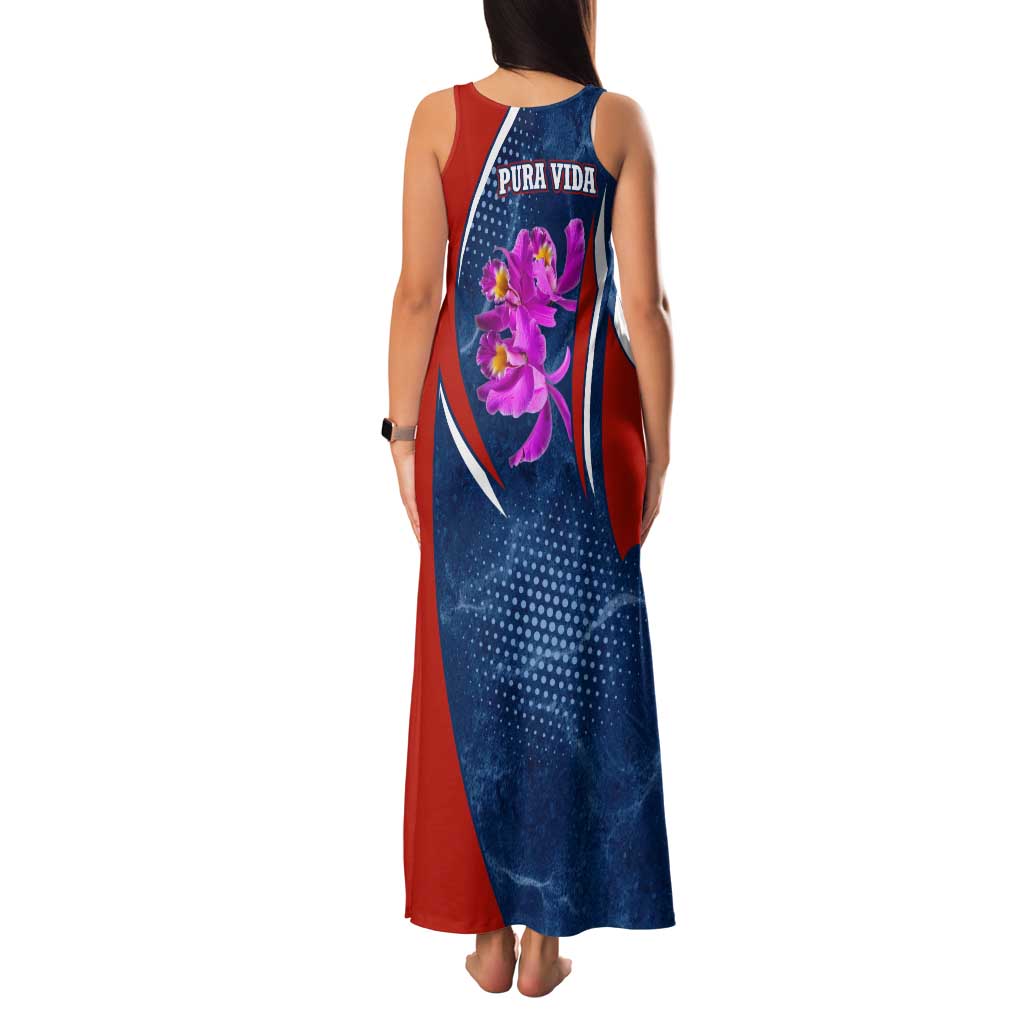 Costa Rica Orchid Family Matching Tank Maxi Dress and Hawaiian Shirt Red and Blue with National Emblem and Purple Flower Design - Wonder Print Shop