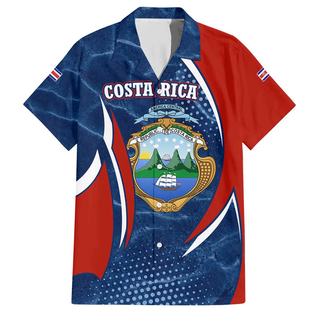 Costa Rica Orchid Hawaiian Shirt Red and Blue with National Emblem and Purple Flower Design - Wonder Print Shop