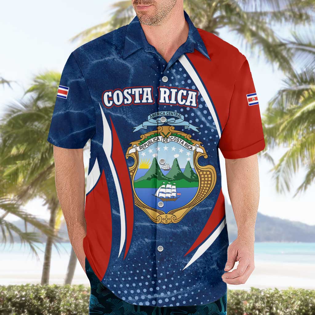 Costa Rica Orchid Hawaiian Shirt Red and Blue with National Emblem and Purple Flower Design - Wonder Print Shop