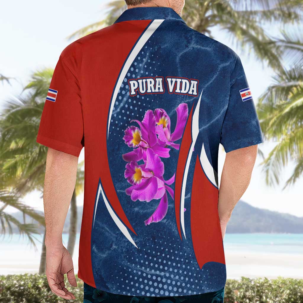 Costa Rica Orchid Hawaiian Shirt Red and Blue with National Emblem and Purple Flower Design - Wonder Print Shop