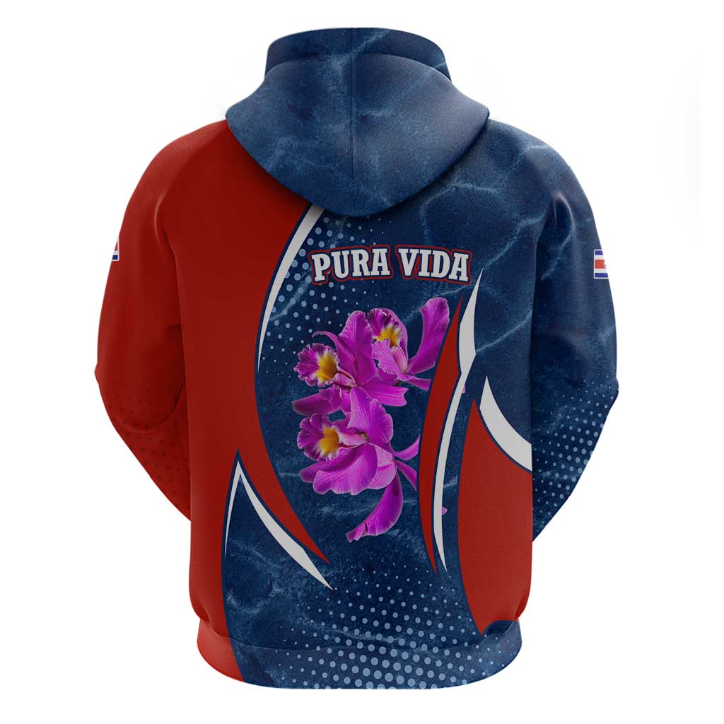 Costa Rica Orchid Hoodie Red and Blue with National Emblem and Purple Flower Design - Wonder Print Shop