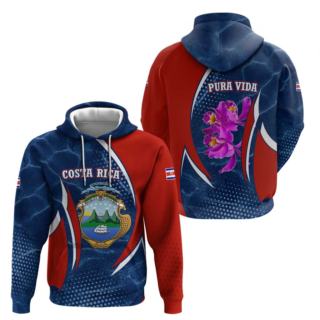 Costa Rica Orchid Hoodie Red and Blue with National Emblem and Purple Flower Design - Wonder Print Shop