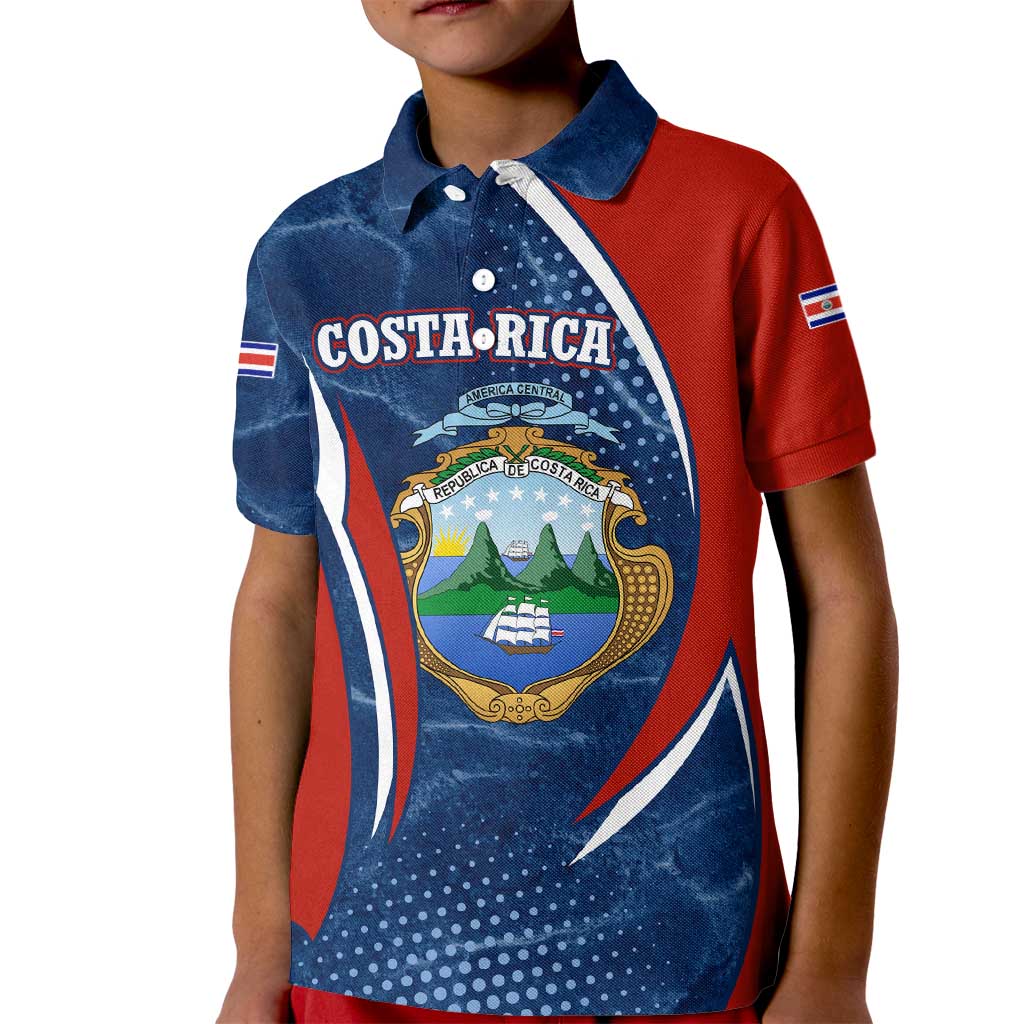 Costa Rica Orchid Kid Polo Shirt Red and Blue with National Emblem and Purple Flower Design - Wonder Print Shop
