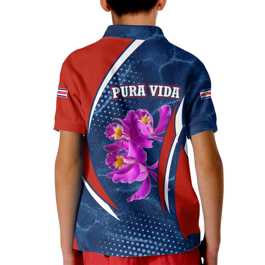 Costa Rica Orchid Kid Polo Shirt Red and Blue with National Emblem and Purple Flower Design - Wonder Print Shop
