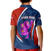 Costa Rica Orchid Kid Polo Shirt Red and Blue with National Emblem and Purple Flower Design - Wonder Print Shop