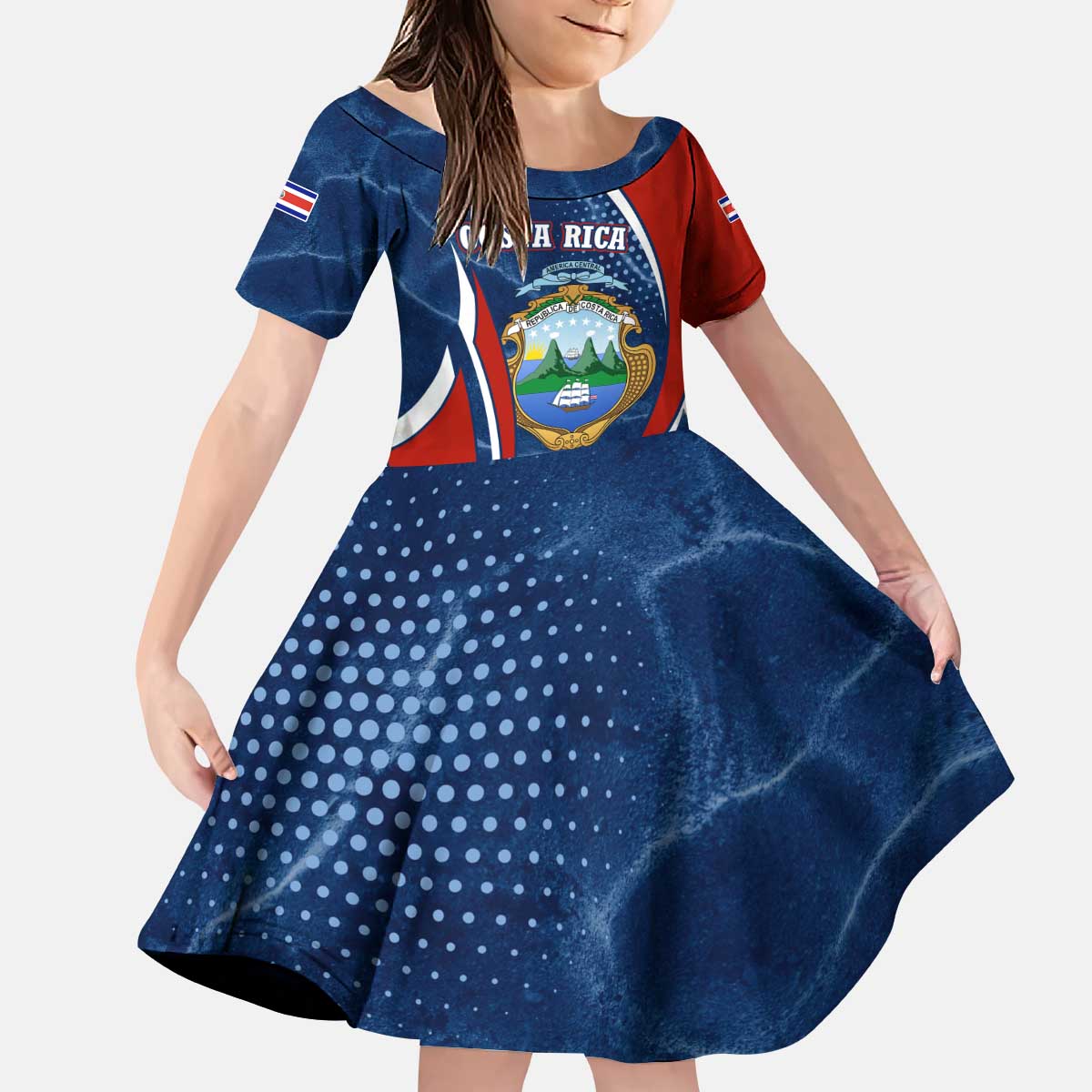 Costa Rica Orchid Kid Short Sleeve Dress Red and Blue with National Emblem and Purple Flower Design - Wonder Print Shop