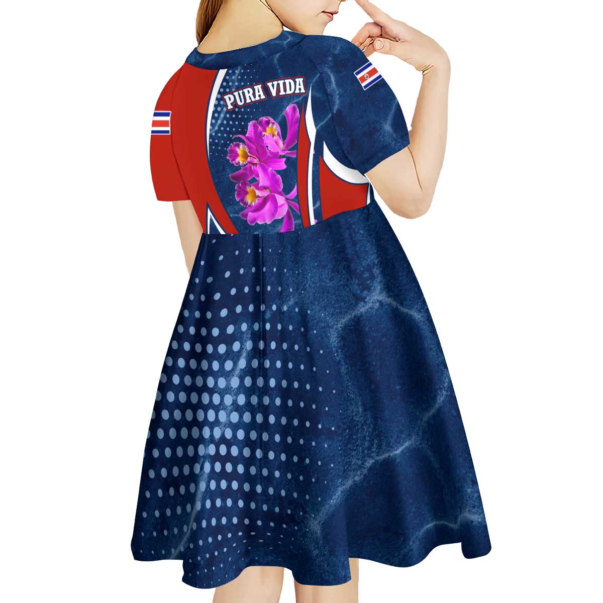 Costa Rica Orchid Kid Short Sleeve Dress Red and Blue with National Emblem and Purple Flower Design - Wonder Print Shop