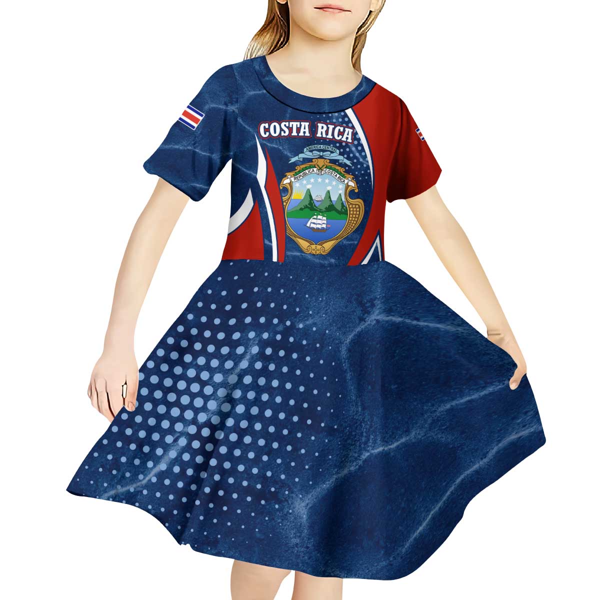 Costa Rica Orchid Kid Short Sleeve Dress Red and Blue with National Emblem and Purple Flower Design - Wonder Print Shop