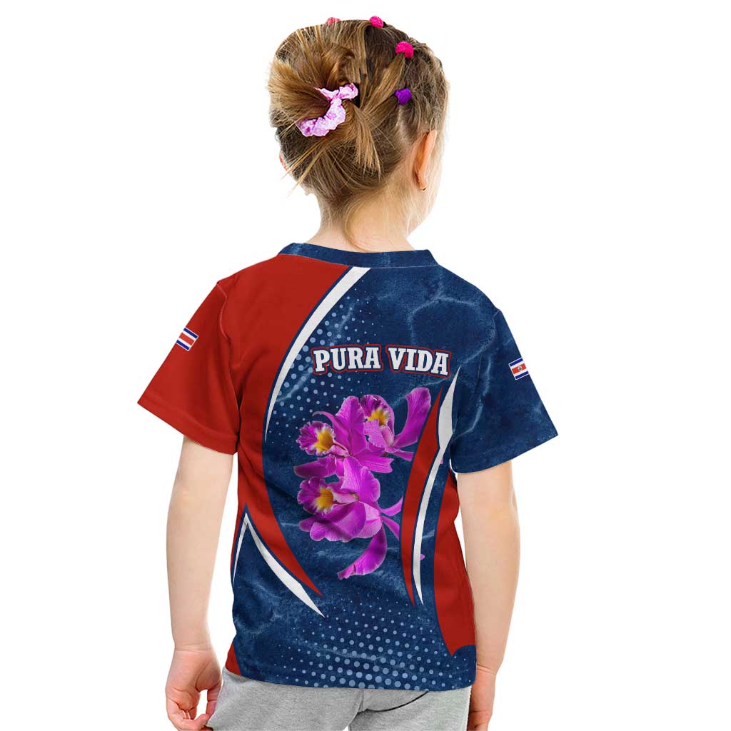 Costa Rica Orchid Kid T Shirt Red and Blue with National Emblem and Purple Flower Design - Wonder Print Shop