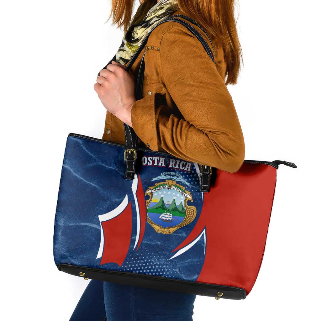 Costa Rica Orchid Leather Tote Bag Red and Blue with National Emblem and Purple Flower Design - Wonder Print Shop