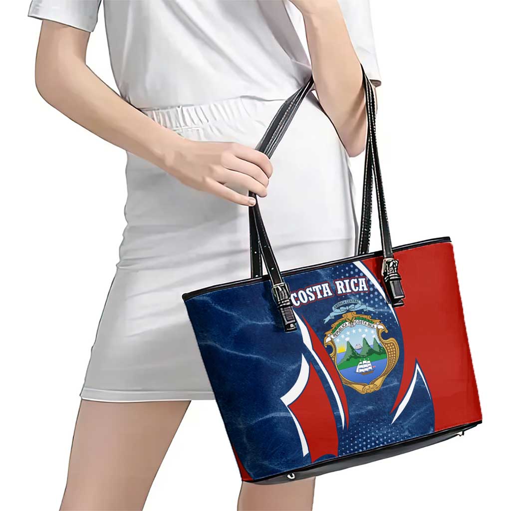 Costa Rica Orchid Leather Tote Bag Red and Blue with National Emblem and Purple Flower Design - Wonder Print Shop