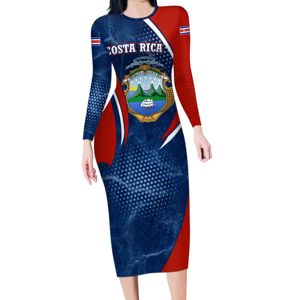 Costa Rica Orchid Long Sleeve Bodycon Dress Red and Blue with National Emblem and Purple Flower Design - Wonder Print Shop