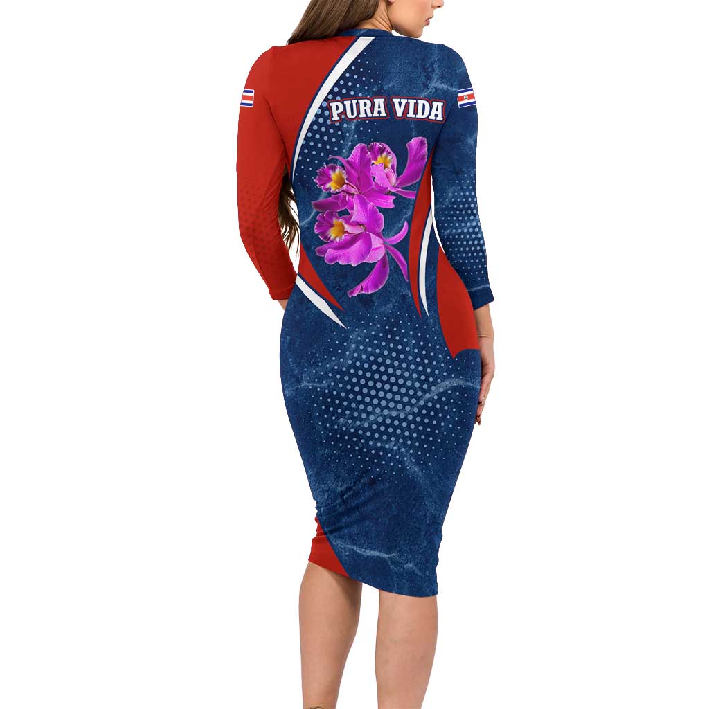 Costa Rica Orchid Long Sleeve Bodycon Dress Red and Blue with National Emblem and Purple Flower Design - Wonder Print Shop
