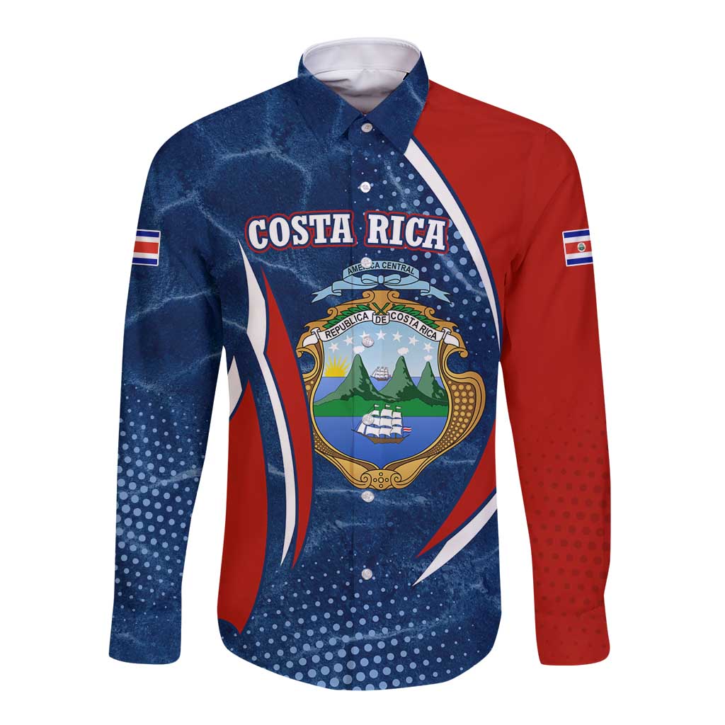 Costa Rica Orchid Long Sleeve Button Shirt Red and Blue with National Emblem and Purple Flower Design - Wonder Print Shop