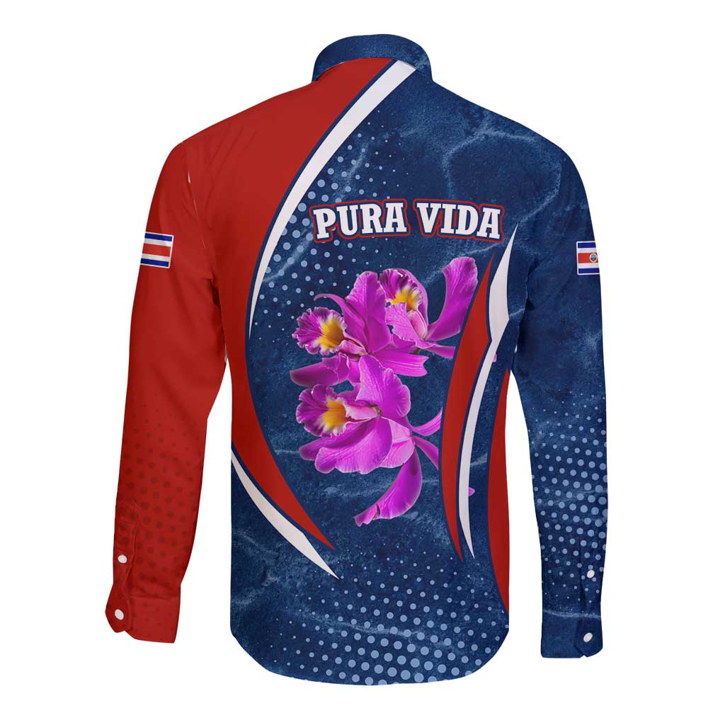 Costa Rica Orchid Long Sleeve Button Shirt Red and Blue with National Emblem and Purple Flower Design - Wonder Print Shop