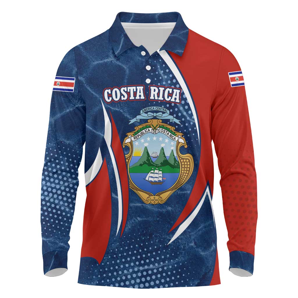 Costa Rica Orchid Long Sleeve Polo Shirt Red and Blue with National Emblem and Purple Flower Design - Wonder Print Shop