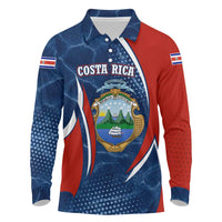 Costa Rica Orchid Long Sleeve Polo Shirt Red and Blue with National Emblem and Purple Flower Design - Wonder Print Shop
