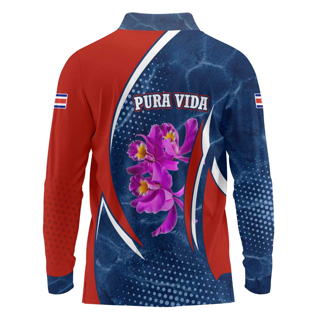 Costa Rica Orchid Long Sleeve Polo Shirt Red and Blue with National Emblem and Purple Flower Design - Wonder Print Shop