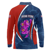Costa Rica Orchid Long Sleeve Polo Shirt Red and Blue with National Emblem and Purple Flower Design - Wonder Print Shop