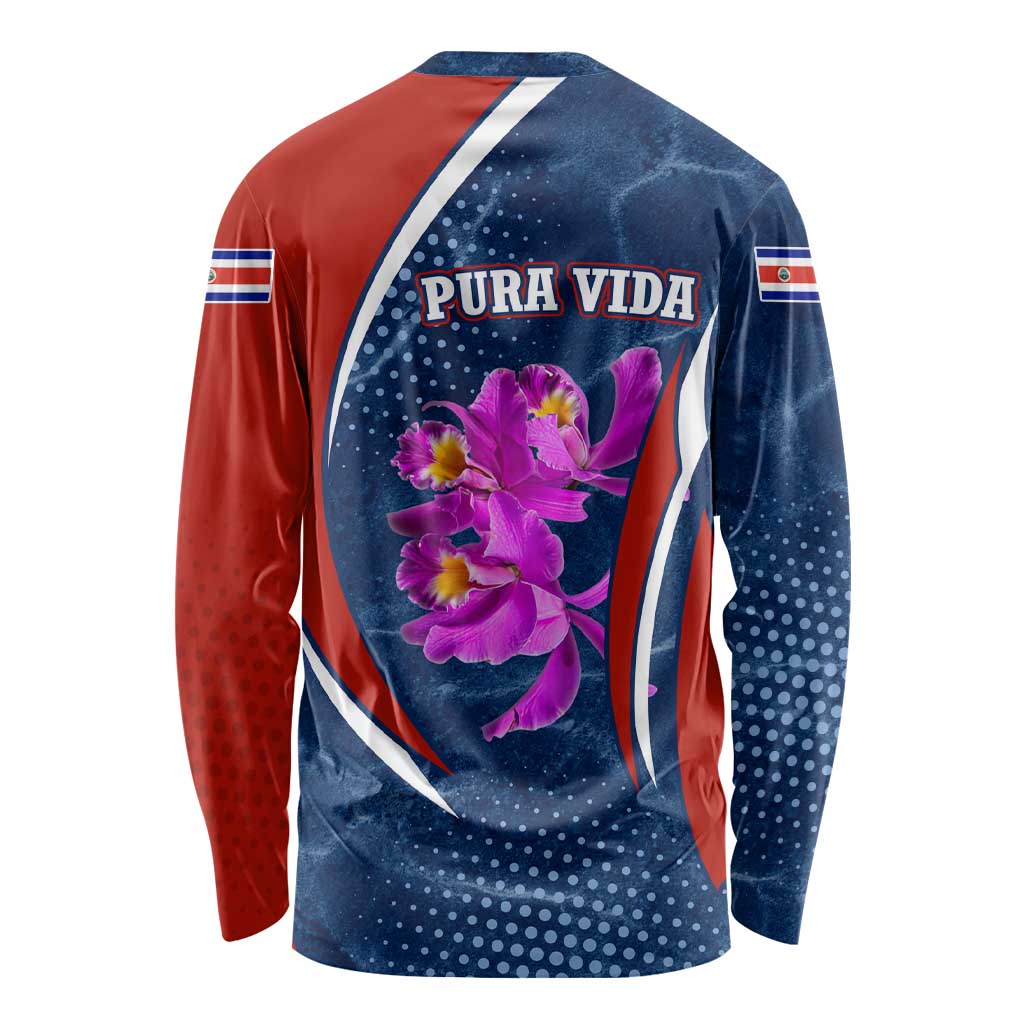 Costa Rica Orchid Long Sleeve Shirt Red and Blue with National Emblem and Purple Flower Design - Wonder Print Shop