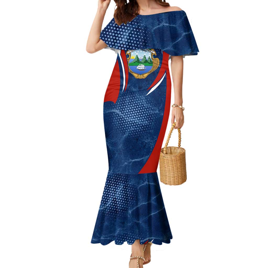 Costa Rica Orchid Mermaid Dress Red and Blue with National Emblem and Purple Flower Design - Wonder Print Shop
