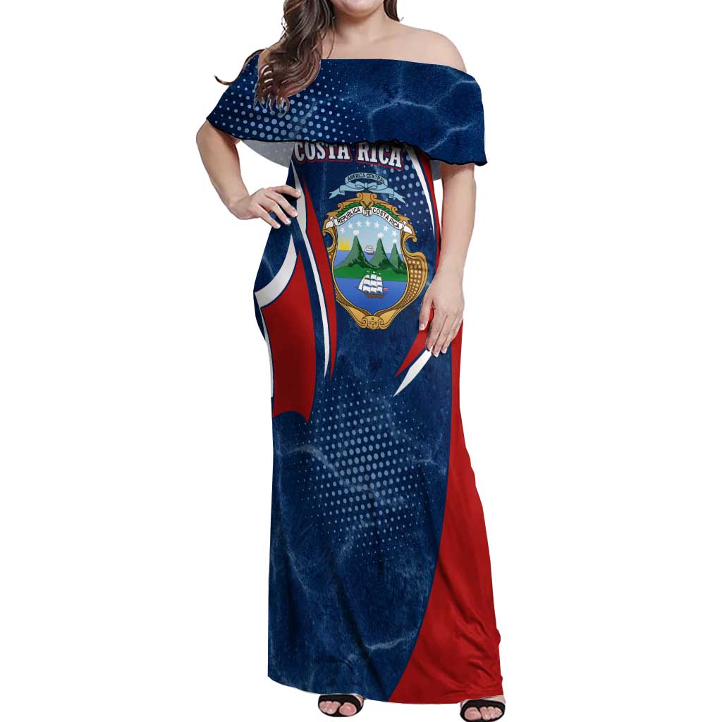Costa Rica Orchid Off Shoulder Maxi Dress Red and Blue with National Emblem and Purple Flower Design - Wonder Print Shop