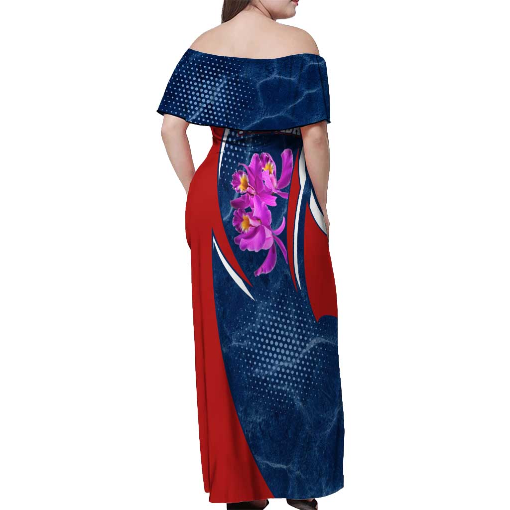 Costa Rica Orchid Off Shoulder Maxi Dress Red and Blue with National Emblem and Purple Flower Design - Wonder Print Shop