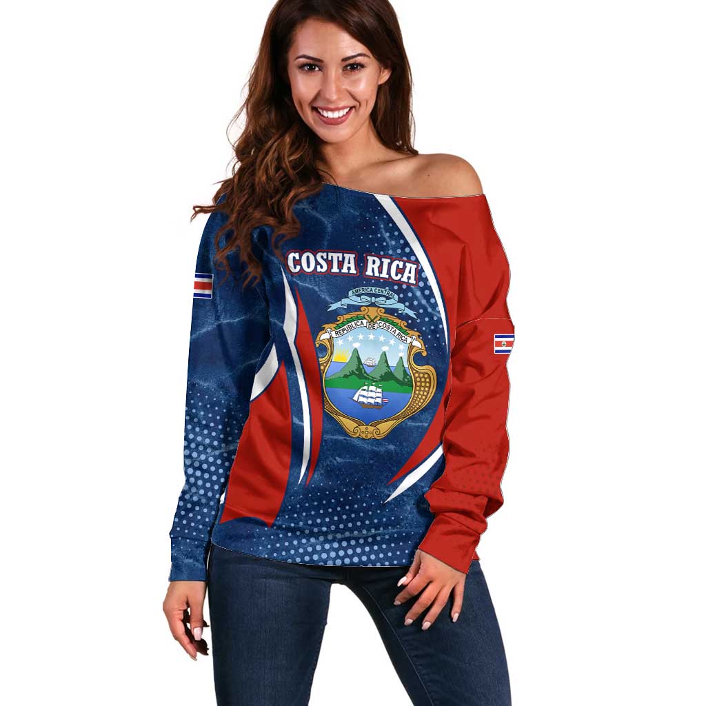 Costa Rica Orchid Off Shoulder Sweater Red and Blue with National Emblem and Purple Flower Design - Wonder Print Shop