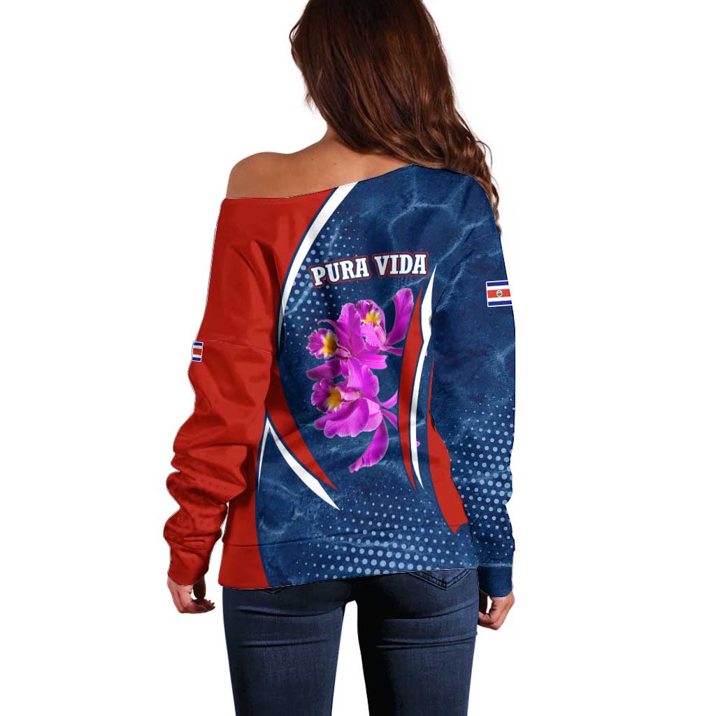 Costa Rica Orchid Off Shoulder Sweater Red and Blue with National Emblem and Purple Flower Design - Wonder Print Shop