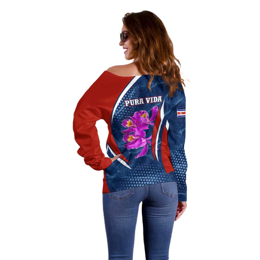 Costa Rica Orchid Off Shoulder Sweater Red and Blue with National Emblem and Purple Flower Design - Wonder Print Shop