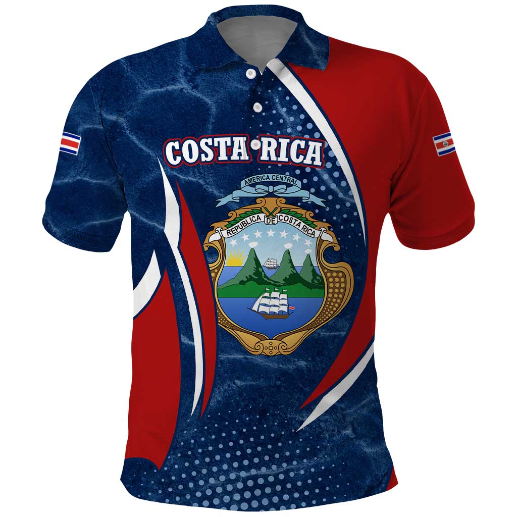 Costa Rica Orchid Polo Shirt Red and Blue with National Emblem and Purple Flower Design - Wonder Print Shop