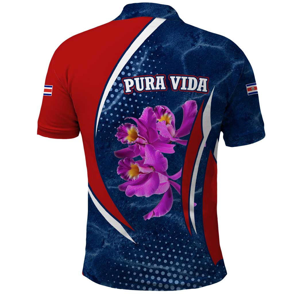 Costa Rica Orchid Polo Shirt Red and Blue with National Emblem and Purple Flower Design - Wonder Print Shop