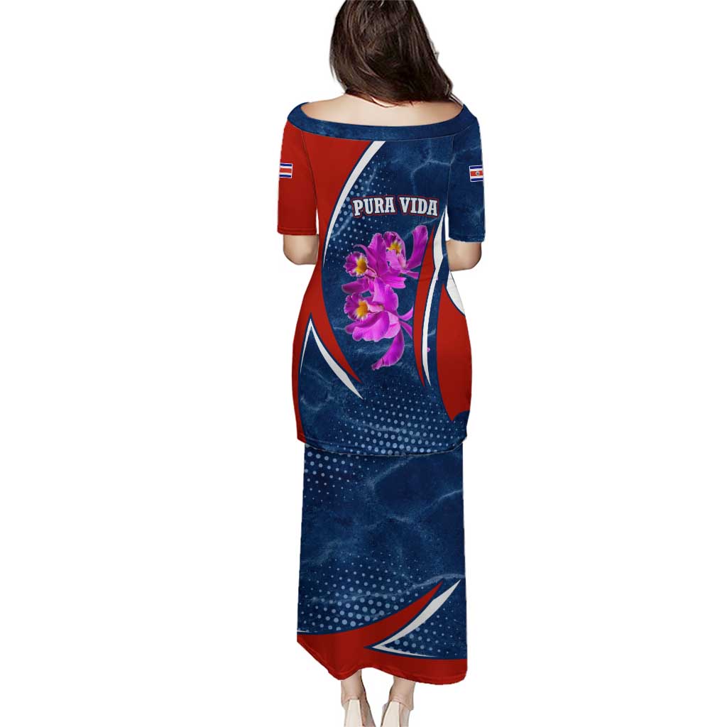 Costa Rica Orchid Puletasi Red and Blue with National Emblem and Purple Flower Design - Wonder Print Shop