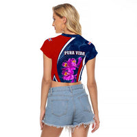 Costa Rica Orchid Raglan Cropped T Shirt Red and Blue with National Emblem and Purple Flower Design - Wonder Print Shop