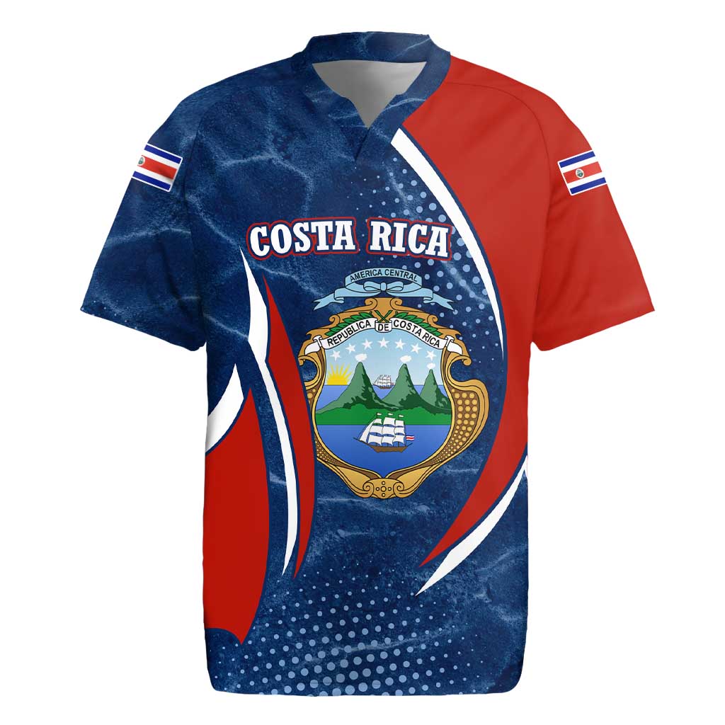 Costa Rica Orchid Rugby Jersey Red and Blue with National Emblem and Purple Flower Design - Wonder Print Shop
