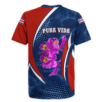 Costa Rica Orchid Rugby Jersey Red and Blue with National Emblem and Purple Flower Design - Wonder Print Shop