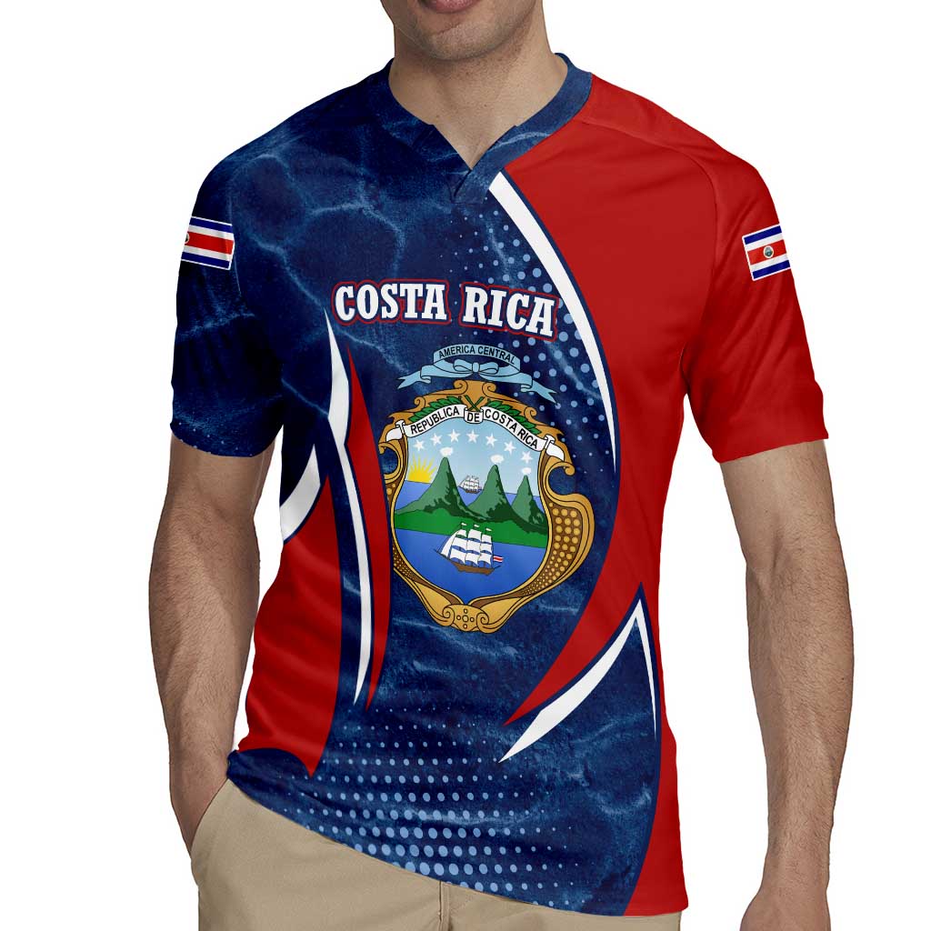 Costa Rica Orchid Rugby Jersey Red and Blue with National Emblem and Purple Flower Design - Wonder Print Shop