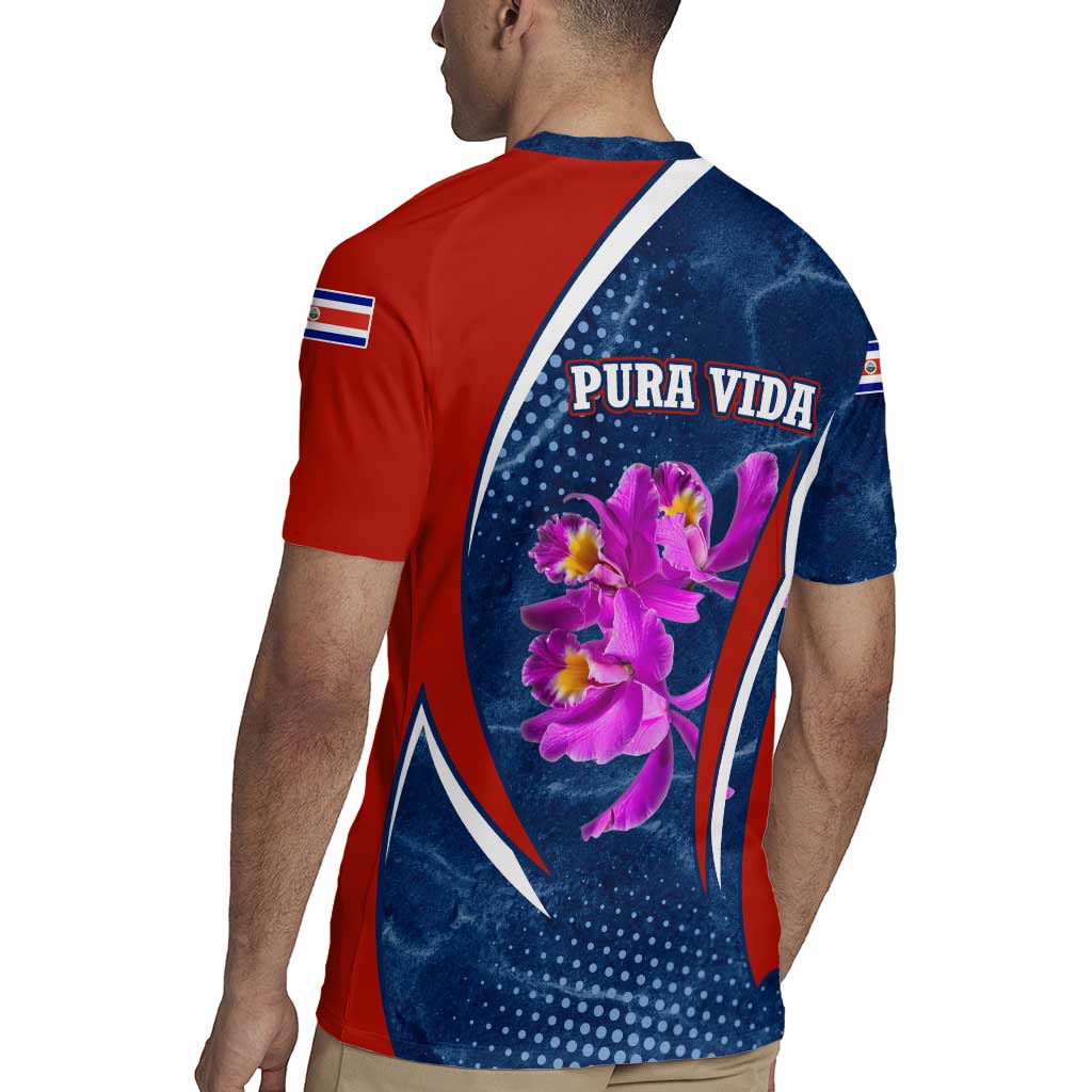 Costa Rica Orchid Rugby Jersey Red and Blue with National Emblem and Purple Flower Design - Wonder Print Shop