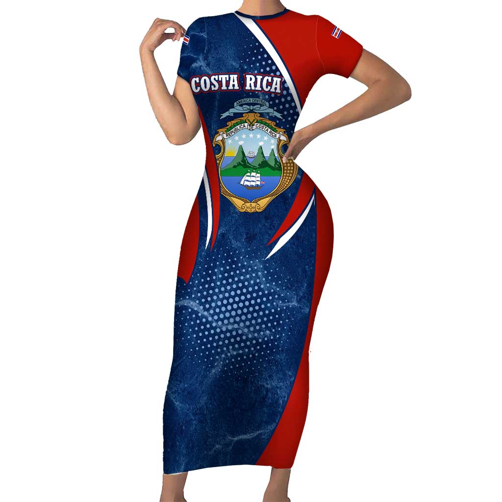 Costa Rica Orchid Short Sleeve Bodycon Dress Red and Blue with National Emblem and Purple Flower Design - Wonder Print Shop