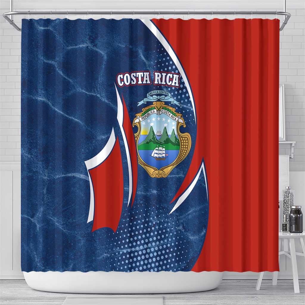 Costa Rica Orchid Shower Curtain Red and Blue with National Emblem and Purple Flower Design - Wonder Print Shop