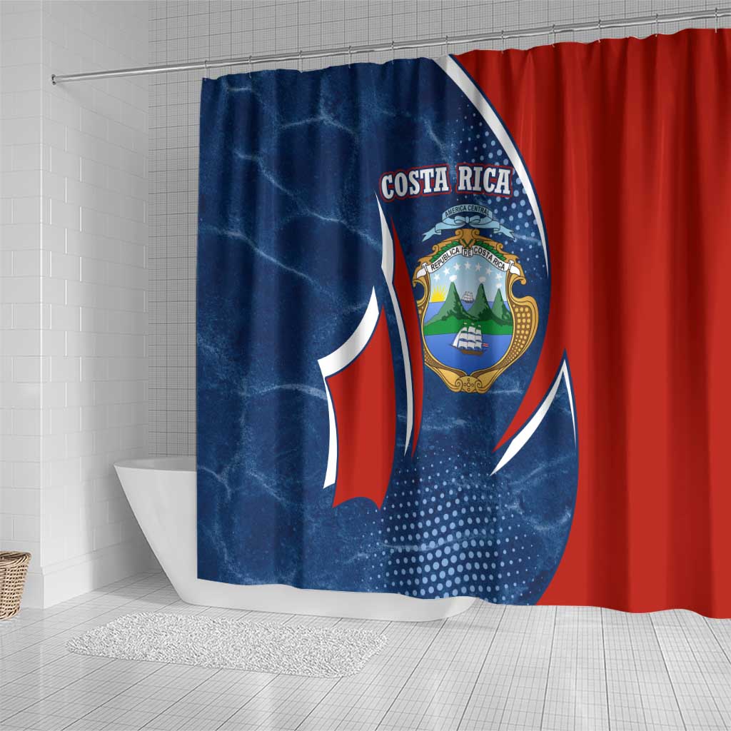 Costa Rica Orchid Shower Curtain Red and Blue with National Emblem and Purple Flower Design - Wonder Print Shop