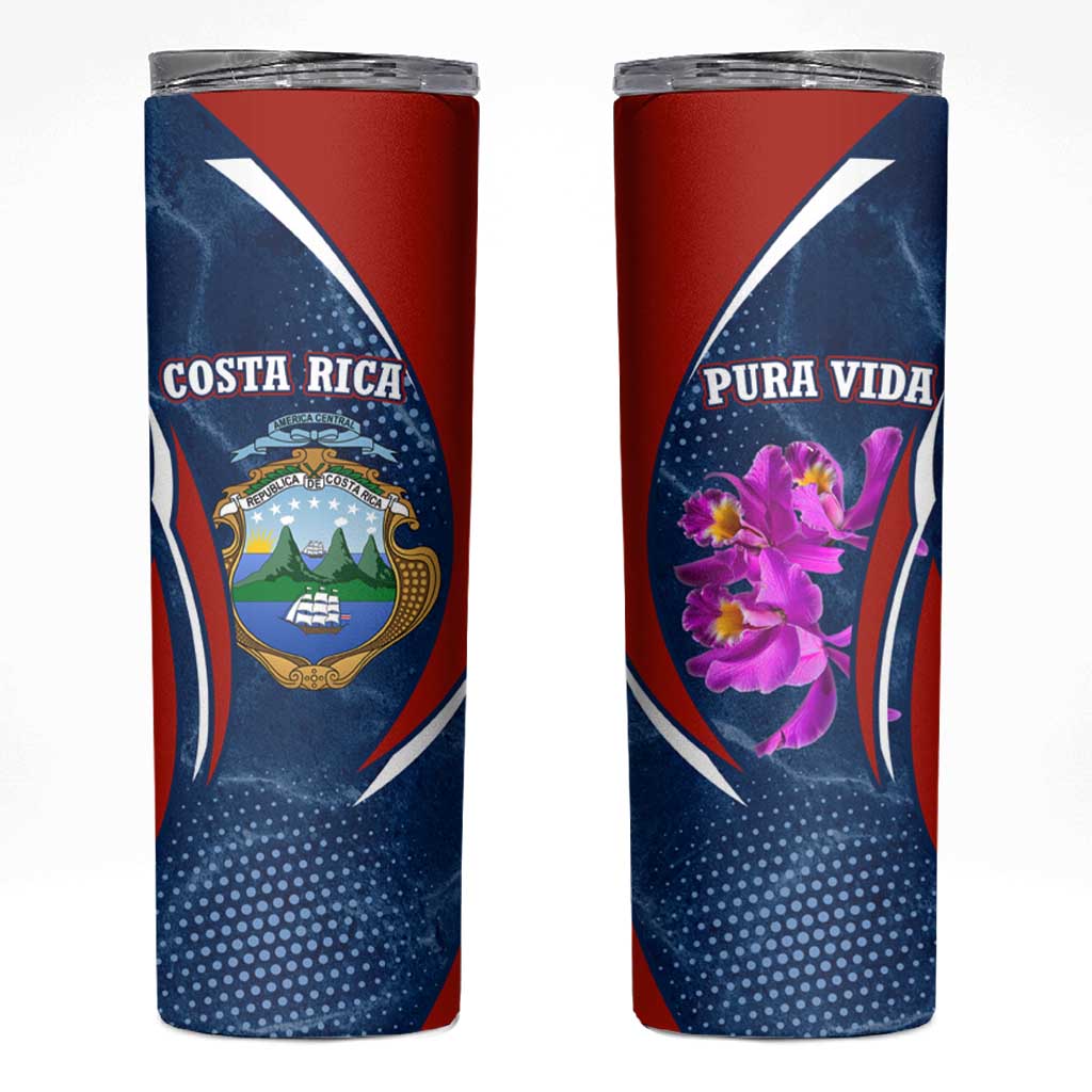 Costa Rica Orchid Skinny Tumbler Red and Blue with National Emblem and Purple Flower Design - Wonder Print Shop