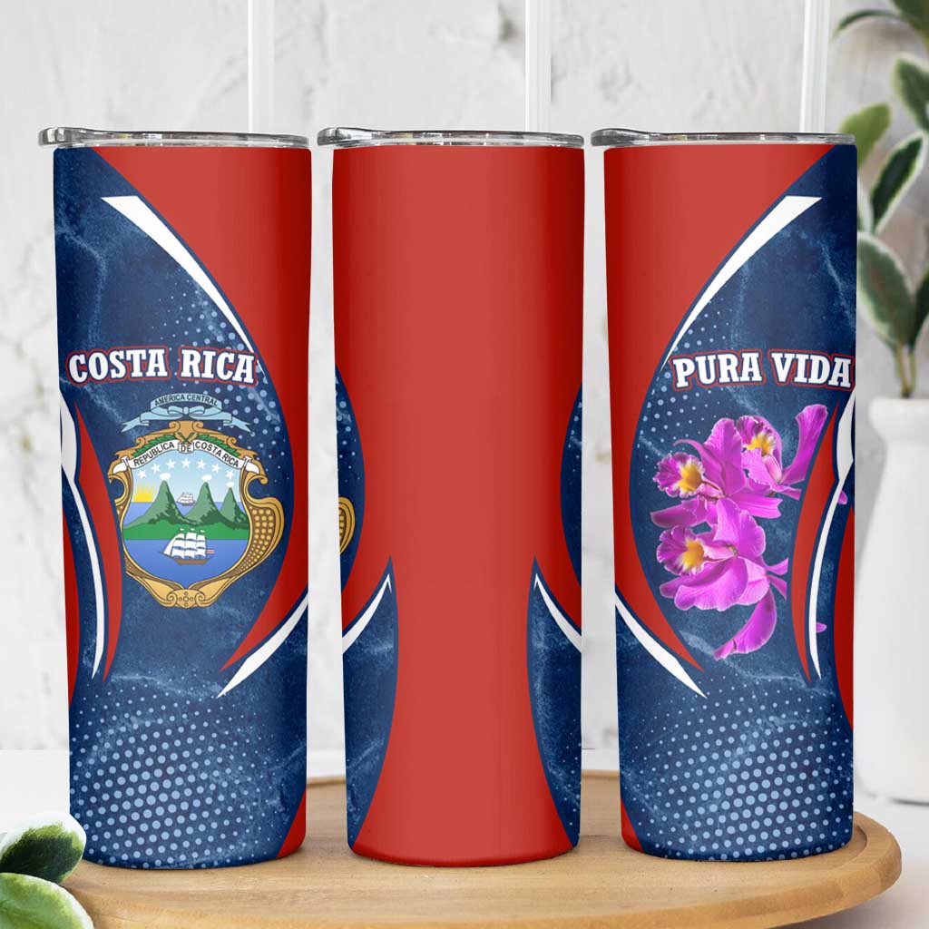Costa Rica Orchid Skinny Tumbler Red and Blue with National Emblem and Purple Flower Design - Wonder Print Shop