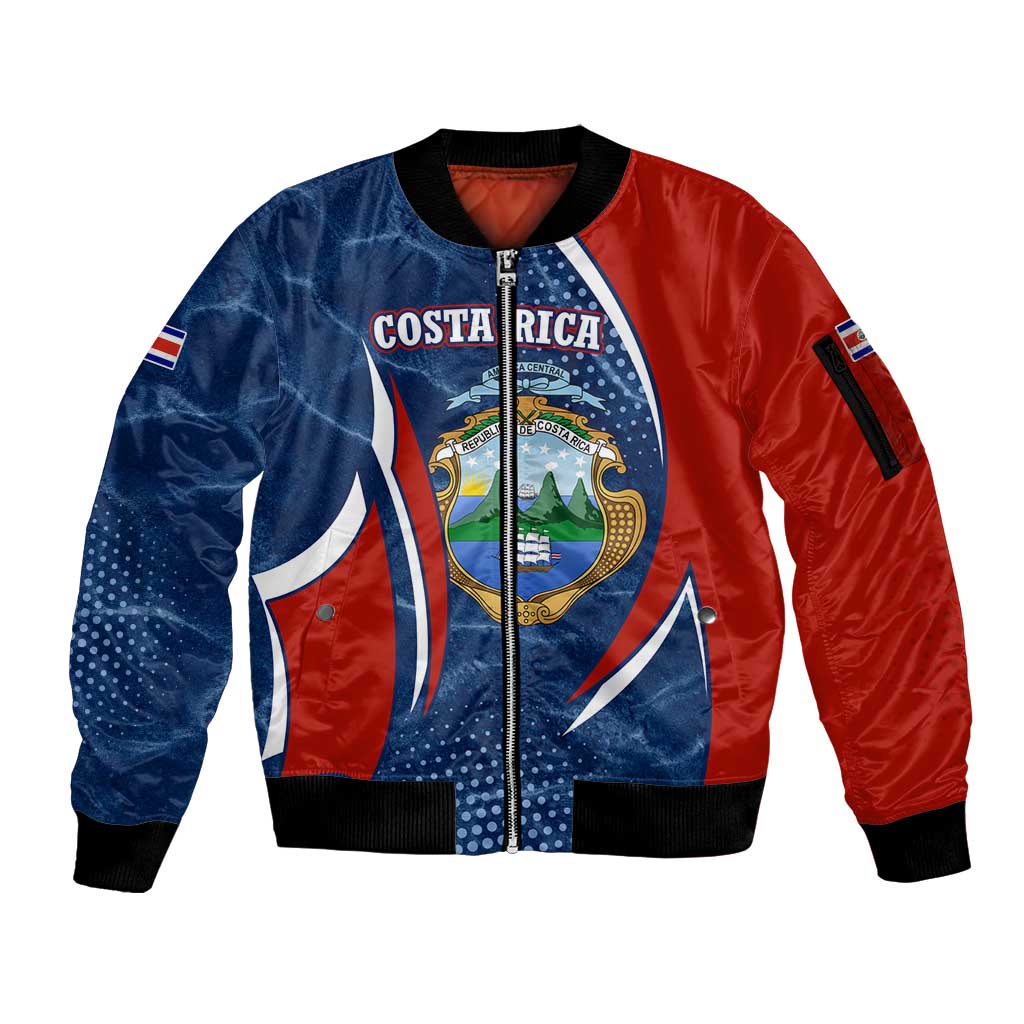 Costa Rica Orchid Sleeve Zip Bomber Jacket Red and Blue with National Emblem and Purple Flower Design - Wonder Print Shop